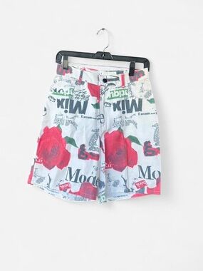 Cache White Printed Button-Front Shorts with Red and Green Accents